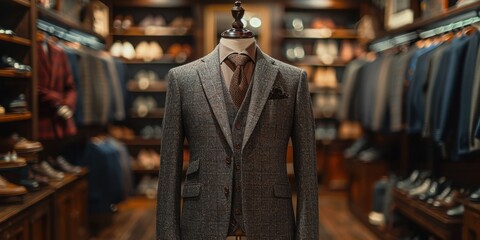 Fototapeta premium Monochrome men's gray suit on mannequin in modern bout