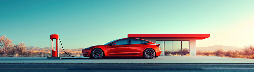 Fototapeta premium A sleek electric car charging at a minimalist station on a rooftop, clear blue sky in the background