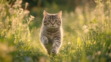Obraz premium A playful cat running through a sunlit grassy field.