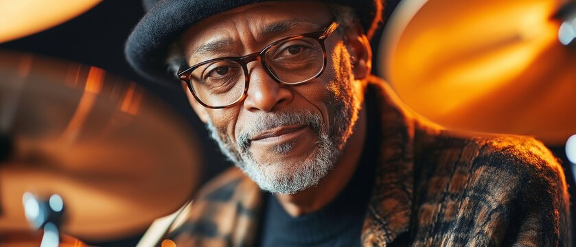 In a warmly lit, comfortable studio, a man wearing glasses and a cap plays the drum kit.