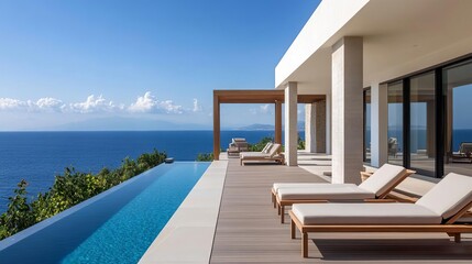 Fototapeta premium Scenic outdoor spa deck with lounge chairs, an infinity pool, and panoramic ocean views