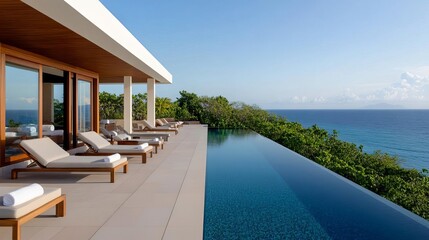 Fototapeta premium Scenic outdoor spa deck with lounge chairs, an infinity pool, and panoramic ocean views