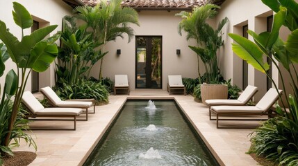 Fototapeta premium Scenic spa courtyard with water features, lounge chairs, and lush tropical plants
