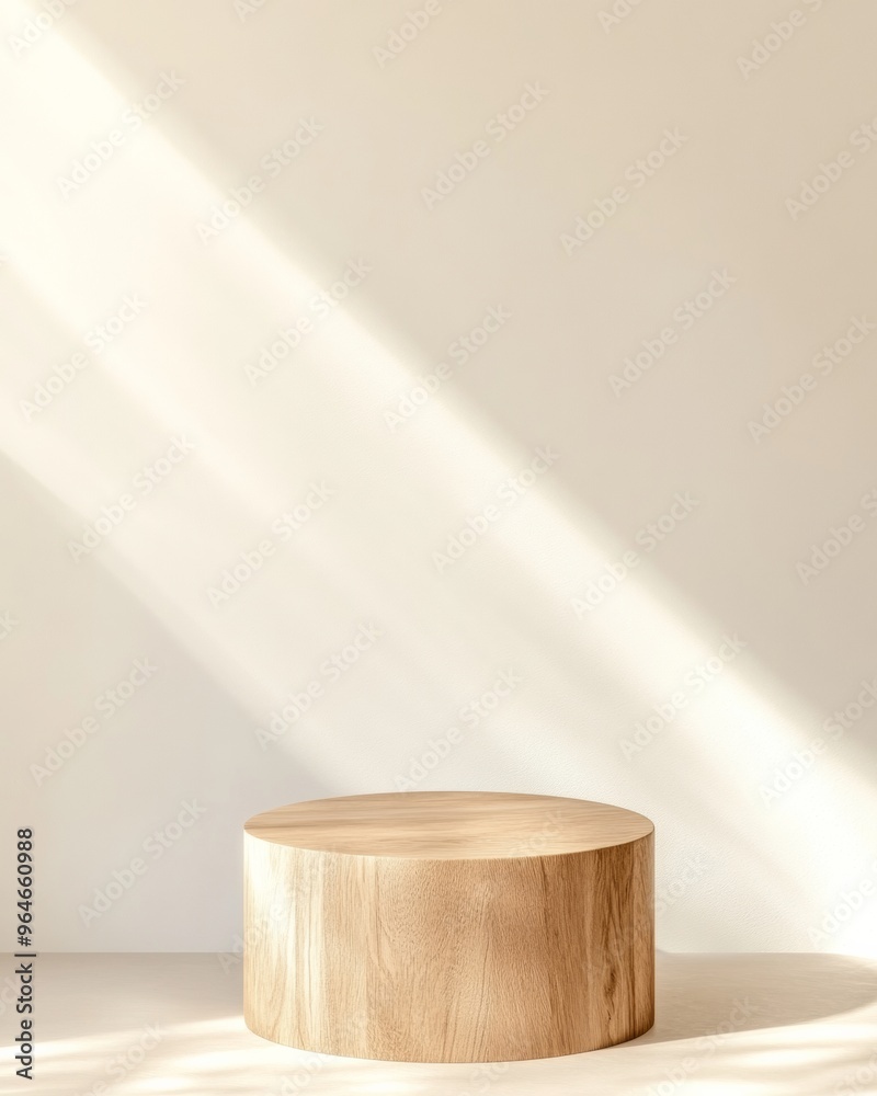 Poster Minimalist Wooden Podium Mockup with Soft Gradient Background and Diffused Spotlight - Natural Elegant Display