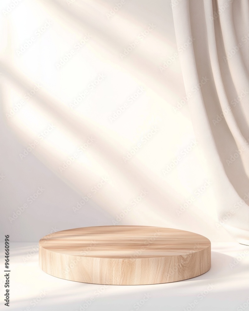 Poster minimalist wooden podium in bright, diffused lighting with pastel gradient background – modern and s