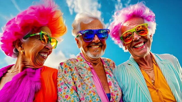 group of elderly people, dressed in vibrant and colorful outfits, share a joyful moment under the sun, embodying fun, friendship, and a zest for life