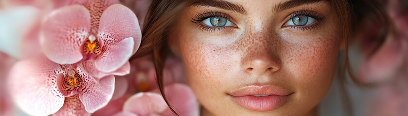 Obraz premium Closeup of a womans face with pink orchids, soft lighting, dreamy atmosphere