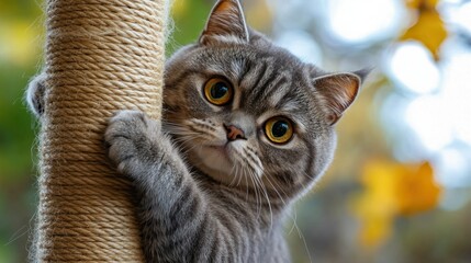 A playful gray cat clings to a scratching post, showcasing its curious expression.