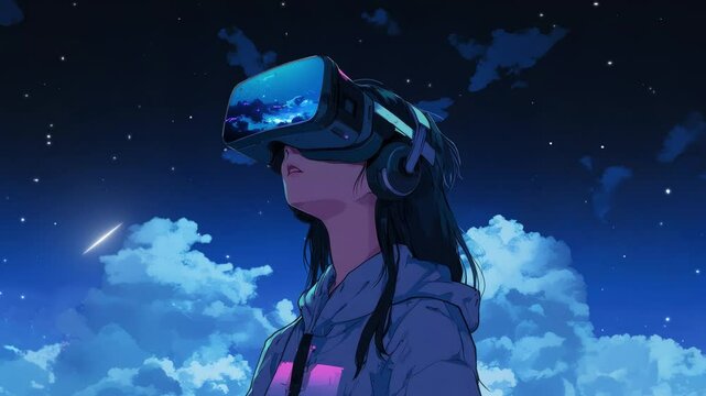 girl in virtual reality glasses, starry sky in the background, starfall, anime style video