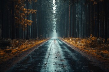 Fototapeta premium Misty autumn forest road with puddles and vibrant fall foliage
