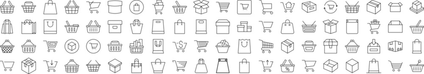 Shopping Cart, Bag, Delivery Icon Set for UI, Placards, Books, Apps. Editable Stroke. Suitable for Web Sites, Books, Cards, Apps