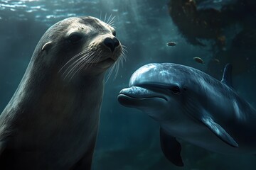 Obraz premium Underwater Encounter a Seal and Dolphin Share a Moment