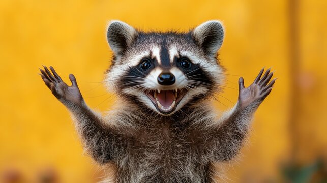 Excited raccoon with open arms, bright yellow background