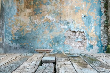 Rough Textured Wooden Platform With A Grunge Background, Ideal Copy Space For Display Your Products