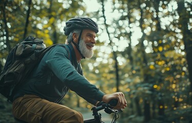 Fototapeta premium An elderly person riding a bike in a verdant woodland in a side view tracking shot while wearing a helmet