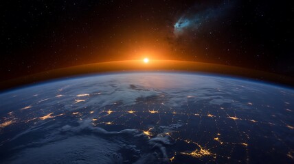 Earthrise with City Lights and a Distant Galaxy