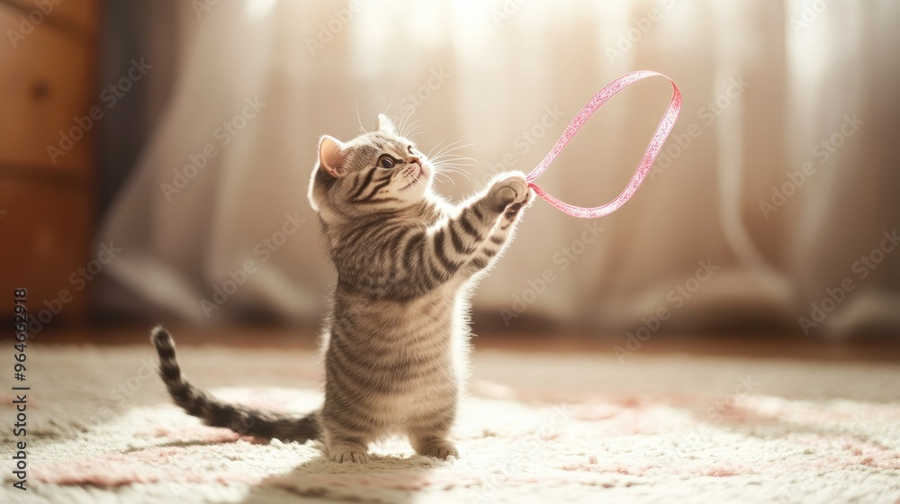 Wall mural A playful kitten reaching for a pink ribbon in a sunlit room.