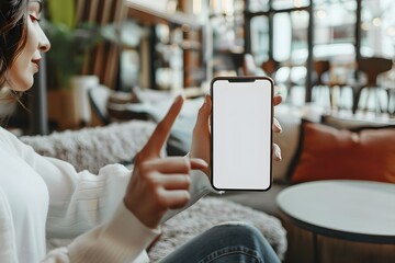 Mockup image of a beautiful woman pointing finger at a mobile phone with blank white screen