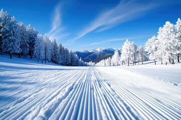 Snowy Mountain Landscape with a Groomed Ski Slope