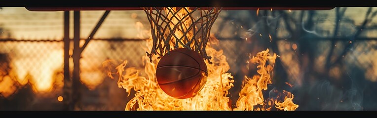 Hot basketball in fires flame.