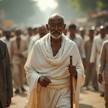 Mahatma Gandhi (Gandhiji) walking among Young people during Dandi March demanding India's Independence