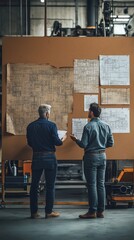 Two industrial workers discussing key elements of the technical drawings while looking at intricate plans that are taped on a corkboard