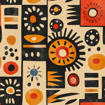 A seamless pattern showcasing traditional African tribal prints with earthy tones and bold shapes 