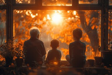 An elderly man and two boys enjoy a sunset together, surrounded by plants in a cozy indoor setting, creating a warm family moment