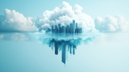 Fototapeta premium A cityscape dissolving into a pool of water, creating an illusion of a flooded world.