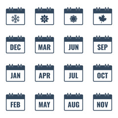 month name in calendar, flat style vector illustration, winter snowflake, spring flower, summer sun, autumn leaf