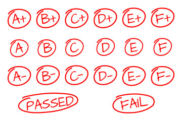 red handwritten all education letter grades, homework score vector set