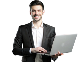 A businessman is standing in a studio, isolated on a grey background, working on a laptop with a concentrated expression transparent background png file,