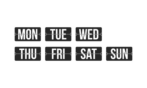 Weekday short names flip board. Retro style analog clock plates.