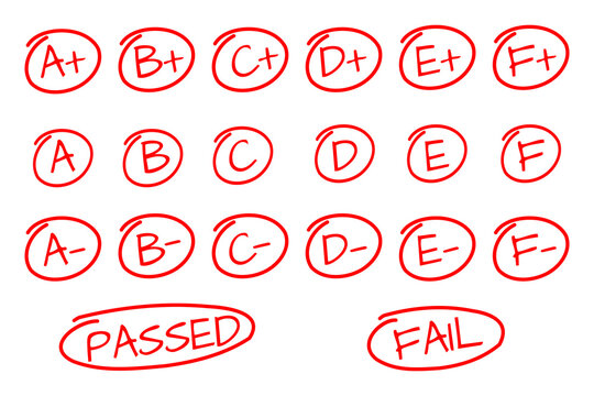 red handwritten all education letter grades, homework score vector set