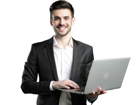 A businessman is standing in a studio, isolated on a grey background, working on a laptop with a concentrated expression transparent background png file, - Powered by Adobe