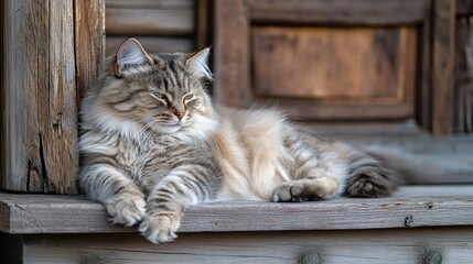 Obraz premium A relaxed cat lounging on a wooden surface in warm sunlight.