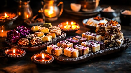 Colorful assortment of traditional sweets arranged elegantly on rustic trays with candles, perfect for festive celebrations.