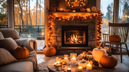 Obraz premium Cozy autumn scene with pumpkins, glowing candles, and a warm fireplace, perfect for celebrating the fall season indoors.