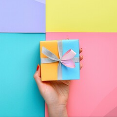 Hand holding a colorful gift box with a purple ribbon against a vibrant, colorful background.