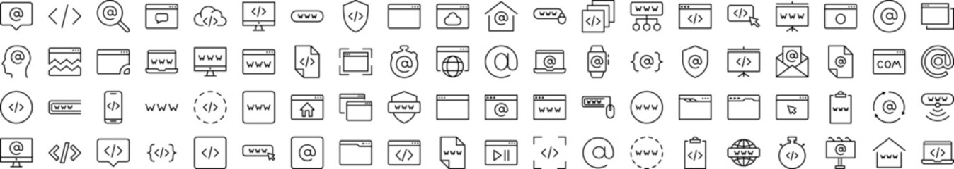 Web Page, Design, Programming Outline Picture Collection. Editable Stroke. Perfect for Infographics, Articles, Books, Flyers, Banners