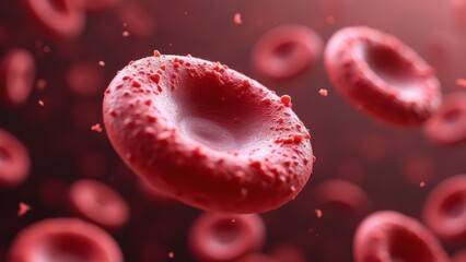 Magnified View of Red Blood Cells Filled with Hemoglobin, Showing the Cells' Biconcave Shape and Rich Red Color in a Hyper-Realistic, Scientific Illustration.