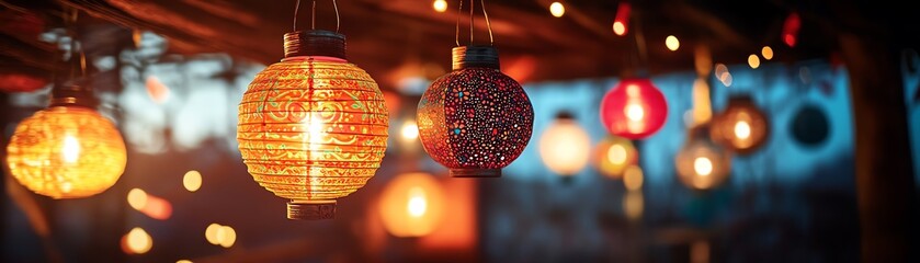 Obraz premium Colorful lanterns illuminate a serene evening, creating a warm and inviting atmosphere for outdoor gatherings and celebrations.