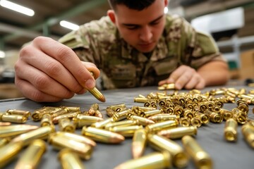 Ammo scattered on a table beside cleaning tools, as a soldier carefully inspects each round before loading