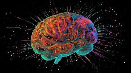 A surreal illustration of a stylized, neon-colored human brain with intricate swirling patterns resembling neural pathways, glowing brightly against a black background with light streaks and particles