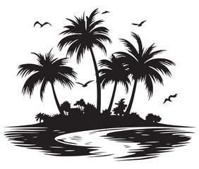 Obraz premium Tropical island with palm trees silhouette on the beach Summer vacation vector