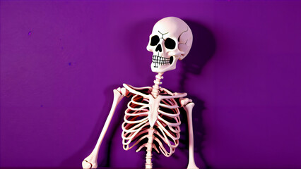 A festive mix of fun and fiction: a D&iacute;a de los Muertos celebration with skeletons on a purple background, a mix of art, symbolism and mystery to honor the deceased through the contrasting elements