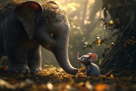 Elephant and Mouse Friendship in the Forest - Powered by Adobe