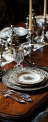 Fototapeta premium Elegant Evening Place Setting of a Richly Carved Antique Wooden Table with Vintage Silverware and China, Indoors in a Traditional Dining Room, Capturing a Timeless Dining Experience
