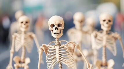 Obraz premium Group of skeletons in a lively parade, Day of the Dead, symbolizing the joyous celebration of death