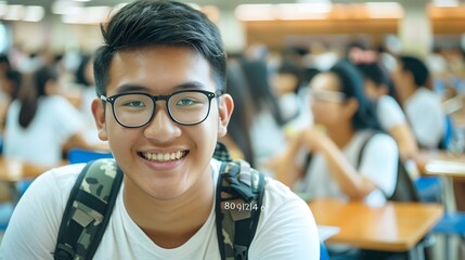 Obraz premium A young man with glasses and a beard is smiling for the camera. He is wearing a blue jacket and a backpack